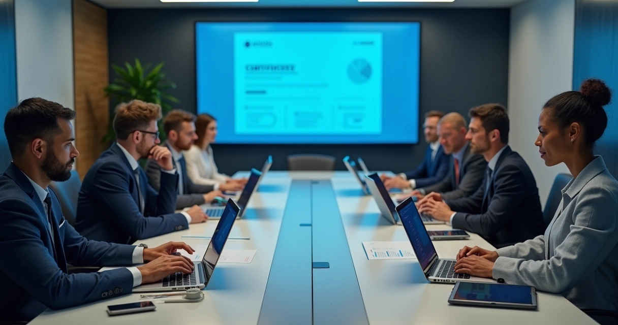 Equipe gestora analisando plataforma digital de treinamento na tela 