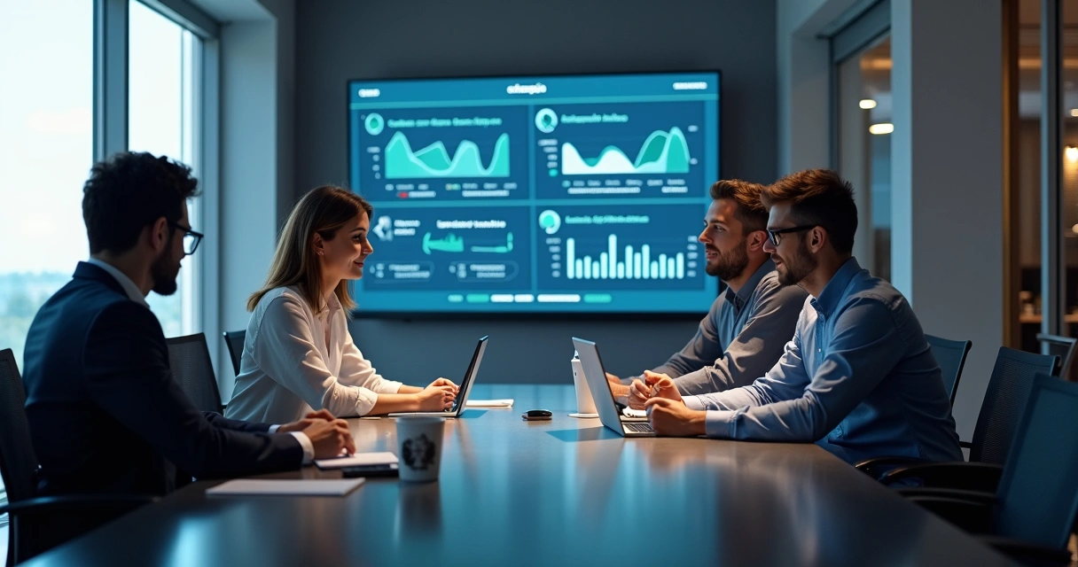 Equipe de especialistas discutindo estratégia digital em uma sala de reuniões 