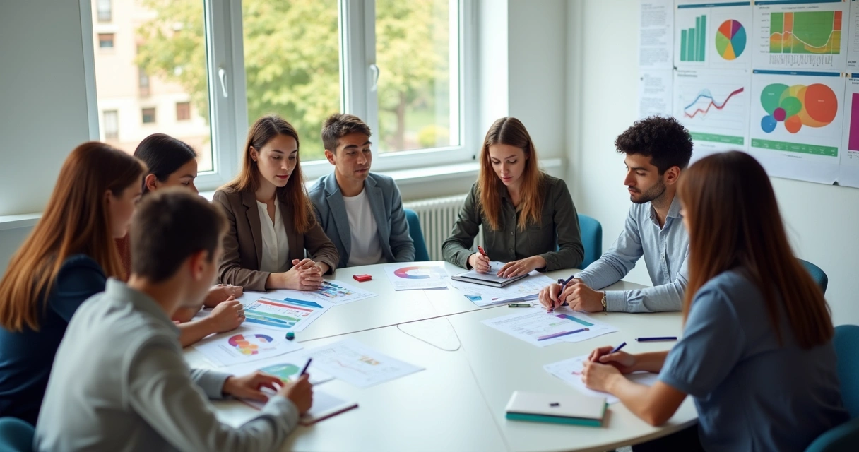 Gestores em uma sala analisando gráficos educacionais juntos 