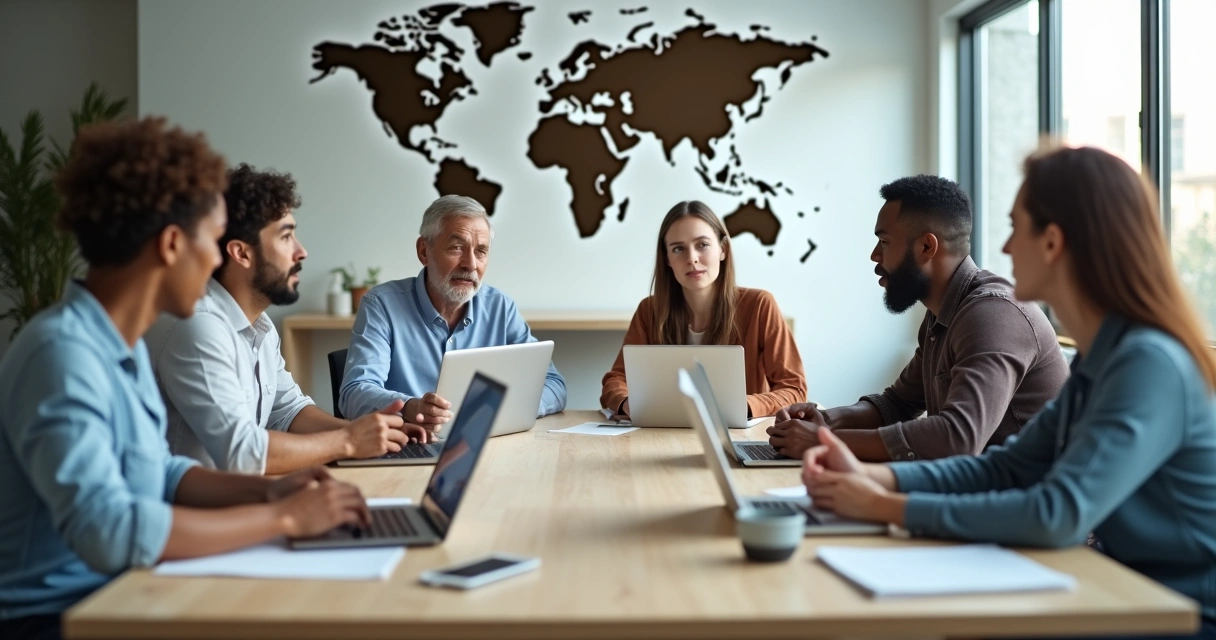 Equipe global reunida em mesa de trabalho, discutindo com diferentes expressões faciais 