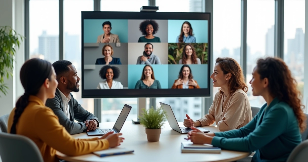 Reunião de equipe global em videoconferência praticando comunicação não violenta 