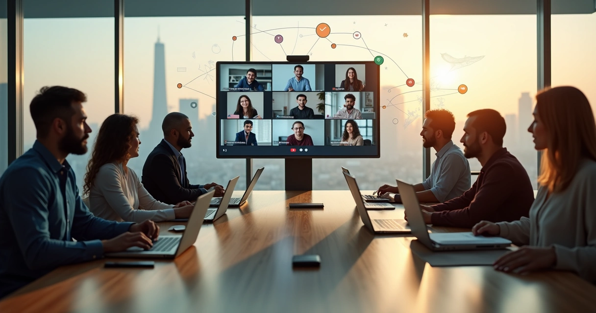 Equipe global em videoconferência com conexão emocional e colaboração 