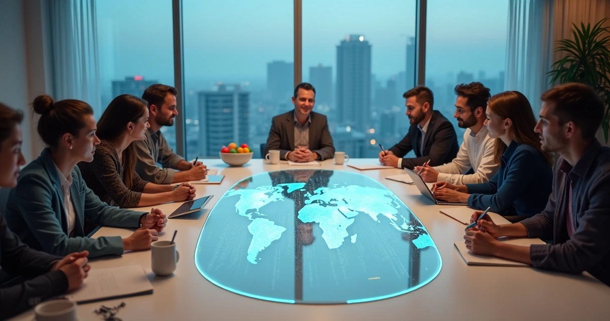 Equipe global diversa reunida em torno de uma mesa com mapa-múndi luminoso no centro 