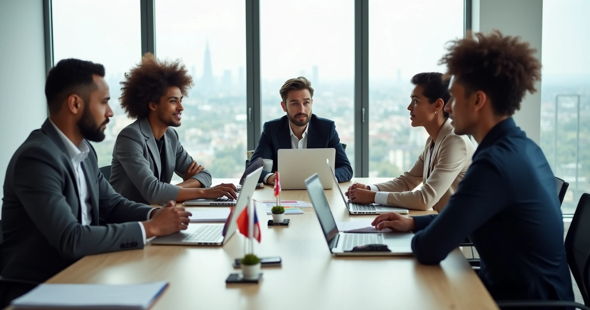 Equipes de diferentes países discutindo mudanças em mesa redonda 
