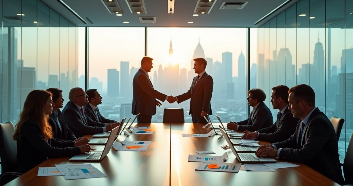 Líderes de equipes internacionais apertando as mãos em reunião de fusão empresarial 