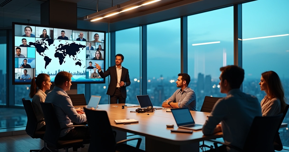 Equipe global em videoconferência mostrando reações mistas diante de mudança 