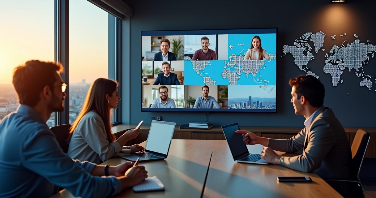 Equipe global em reunião virtual colaborativa em diversos fusos horários 
