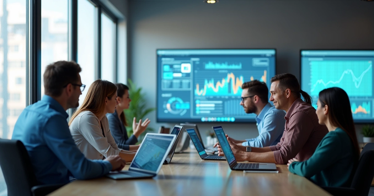 Profissionais de diferentes nacionalidades discutindo em frente a laptops modernos 