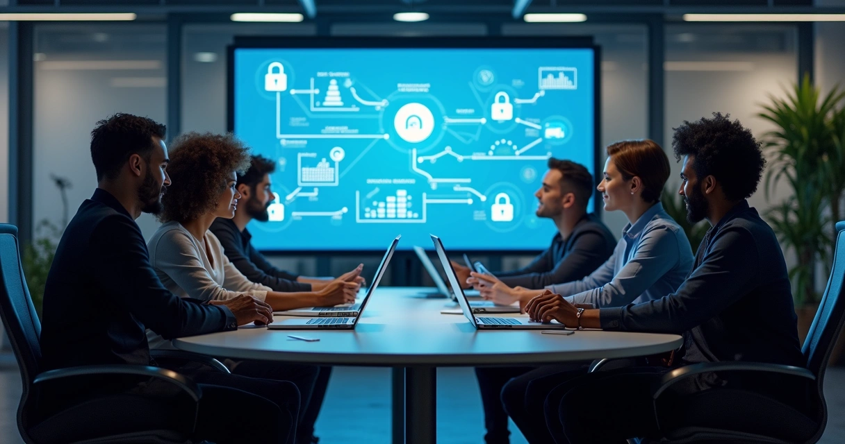 Equipe reunida em torno de tela exibindo gráficos e cadeado digital. 
