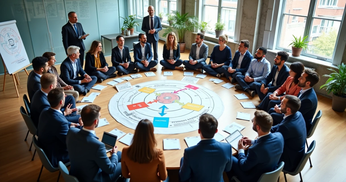 Equipe grande reunida em círculo discutindo estratégias de colaboração sistêmica 
