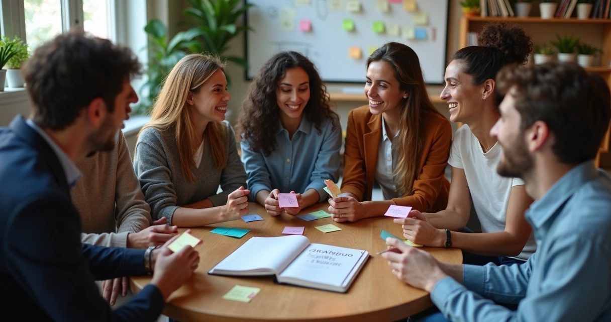 Equipe diversa de escritório formando círculo com cartões de gratidão no centro 