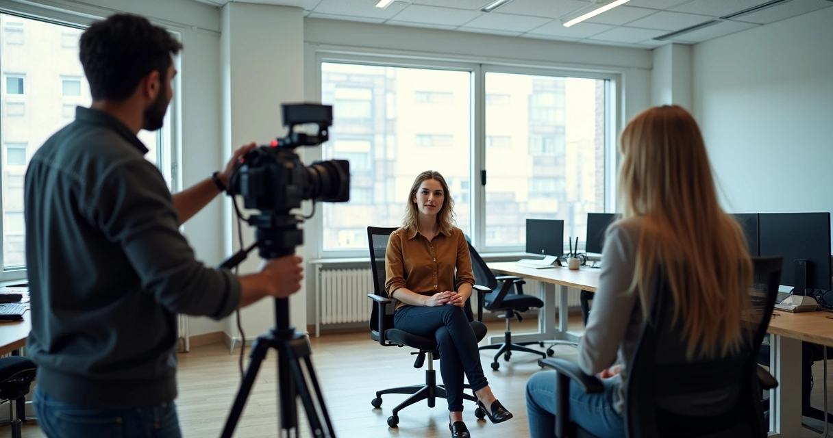 Equipe gravando vídeo em sala privativa de coworking 