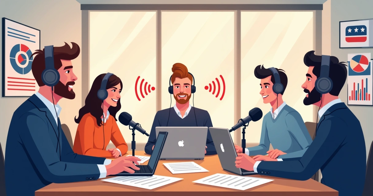Equipe gravando podcast político com computadores e documentos. 
