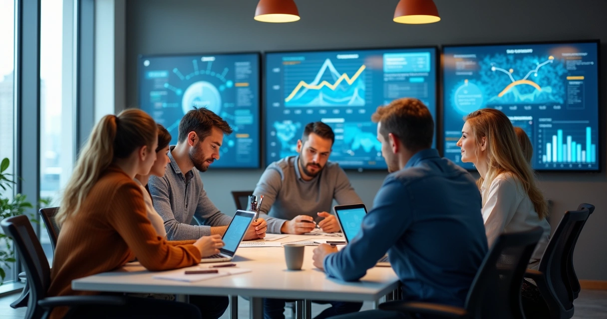 Equipe de marketing digital discutindo estratégias em sala moderna