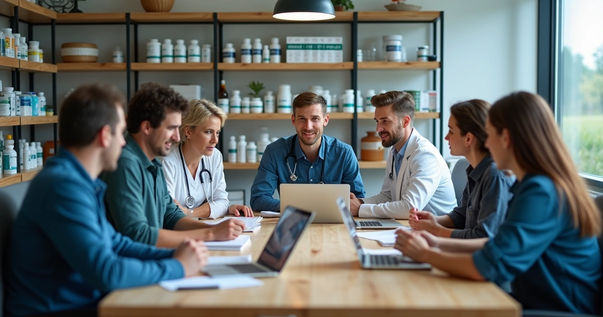Equipe do haras e clínica veterinária em reunião com papéis e dispositivos