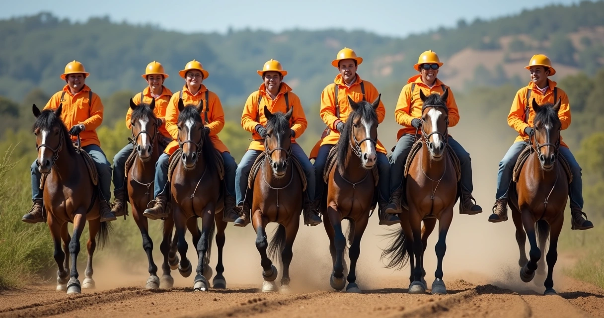 Equipe de funcionários de haras usando roupas de proteção ao lado de cavalos 