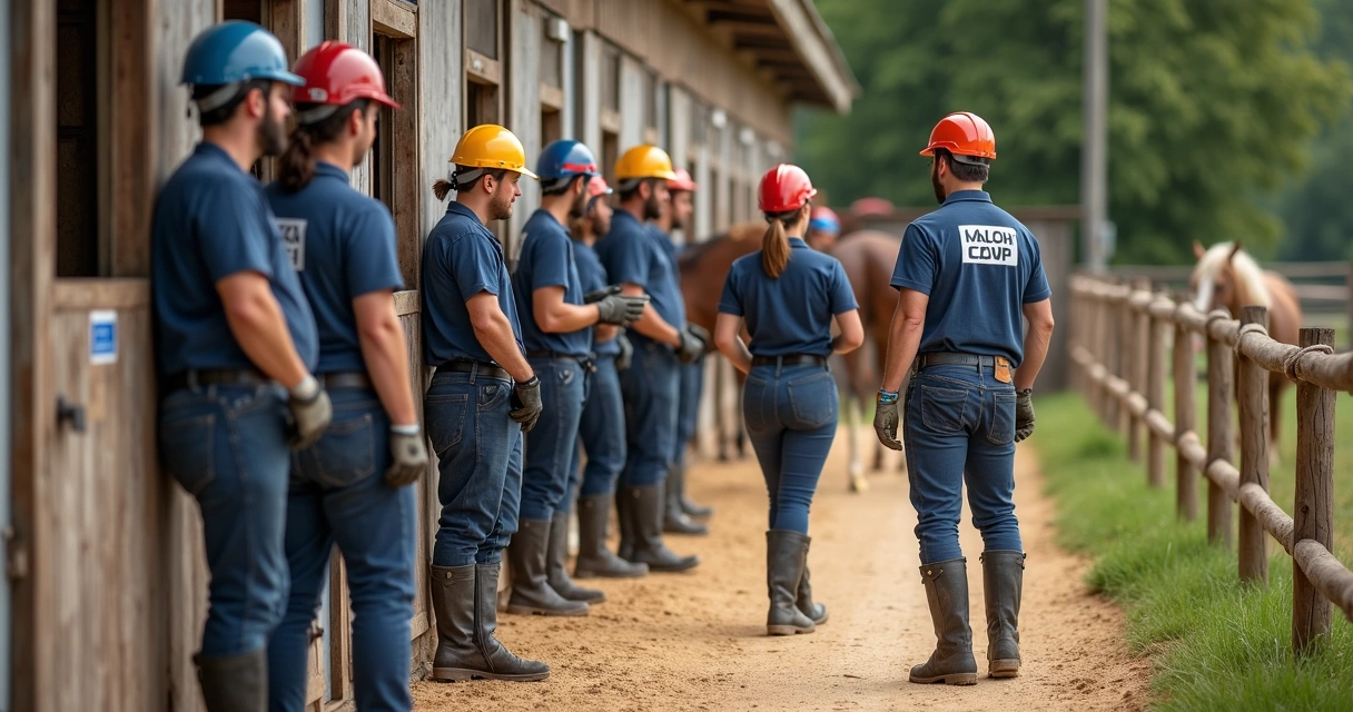 Equipe de funcionários de haras reunidos usando equipamentos de proteção 