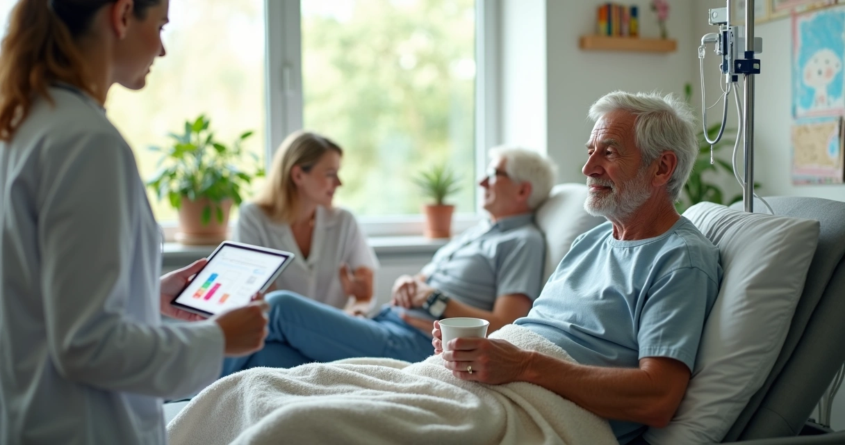 Equipe de hematologia fazendo cuidado humanizado em hospital moderno 