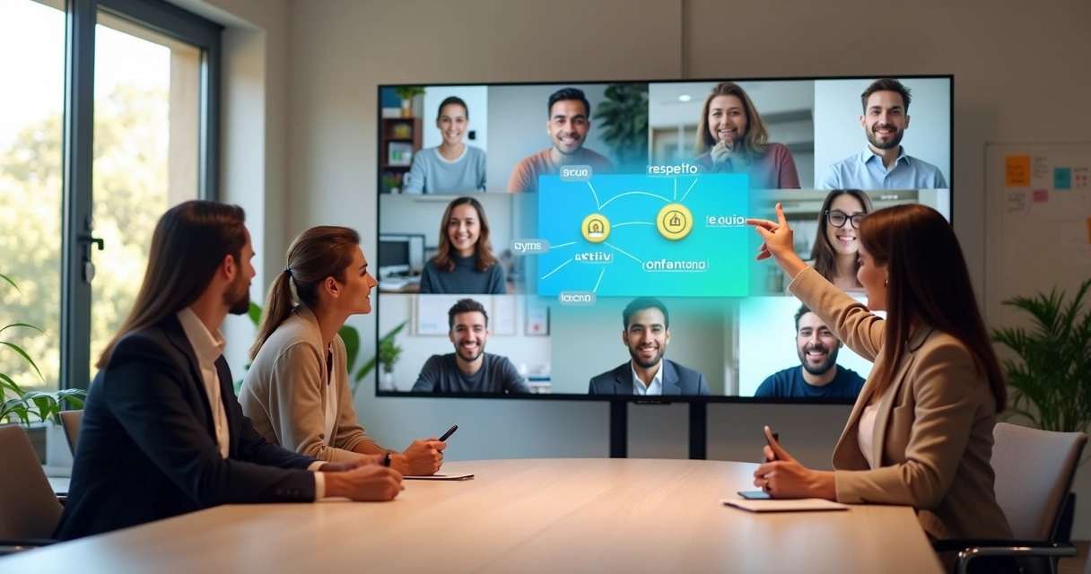 Equipe híbrida reunida em tela gigante assinando acordo emocional visual 