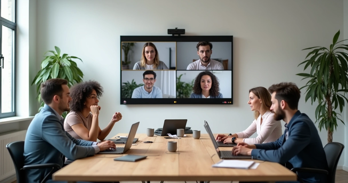 Equipe híbrida em reunião virtual com foco em comunicação emocional 
