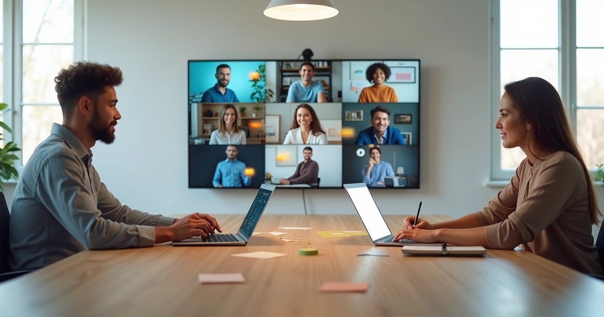 Equipe híbrida em videoconferência com foco em conexão emocional equilibrada 