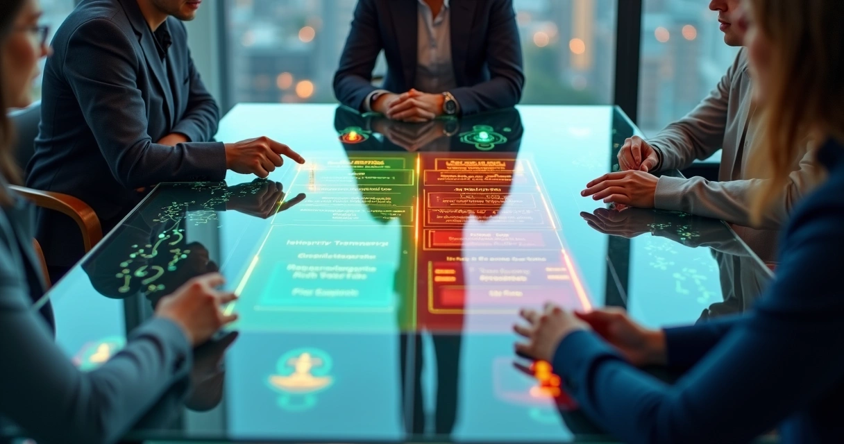 Equipe híbrida analisando dilema ético em mesa digital compartilhada 