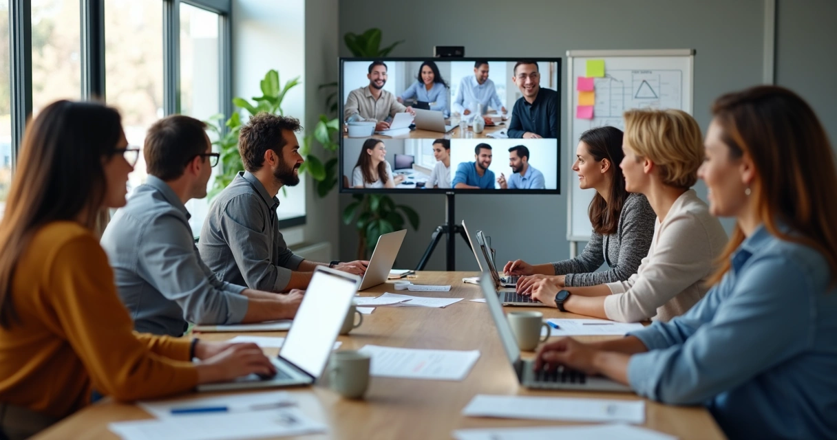 Equipe híbrida em reunião mista presencial e virtual