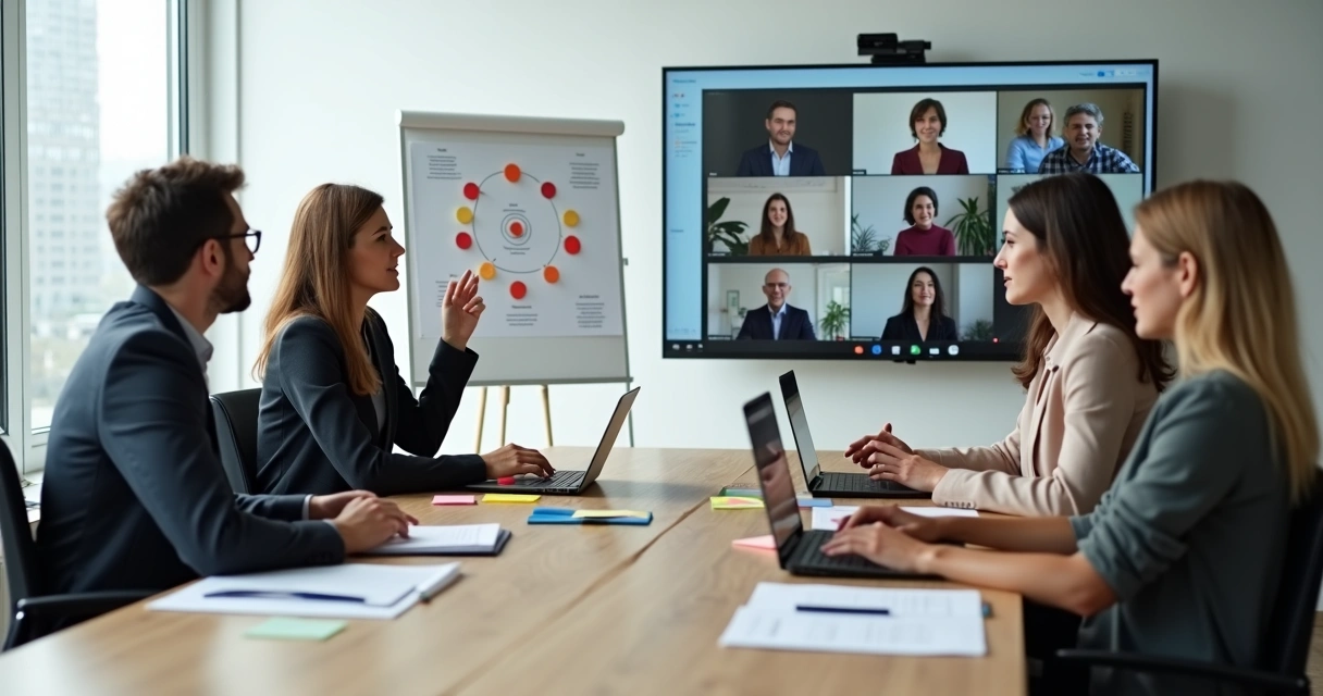 Reunião de equipe híbrida com pessoas em sala e em telas de videoconferência 