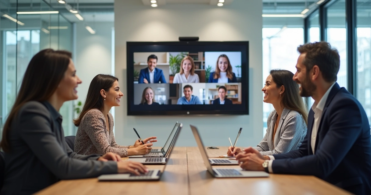 Equipe híbrida reunida em mesa de trabalho com laptops e telas virtuais interagindo 