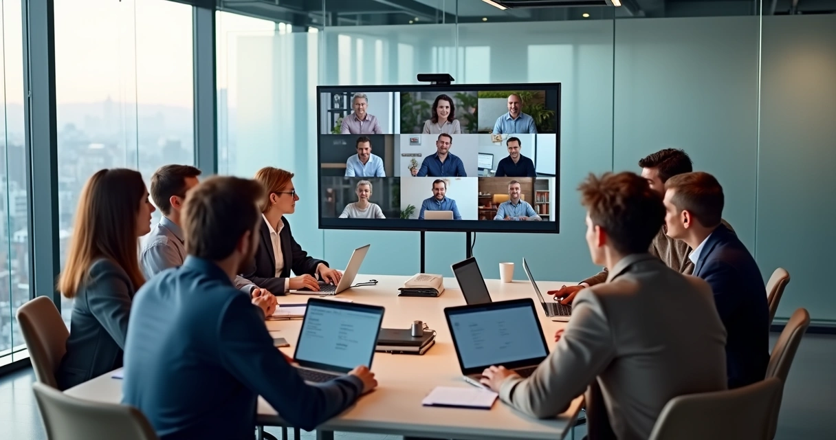 Equipe híbrida discutindo em uma reunião, com pessoas na sala e outras conectadas online 
