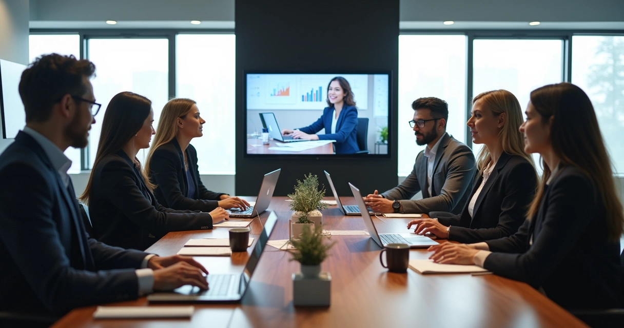 Equipe híbrida reunida em uma mesa metade presencial e metade digital, discutindo dados em notebooks e telas 