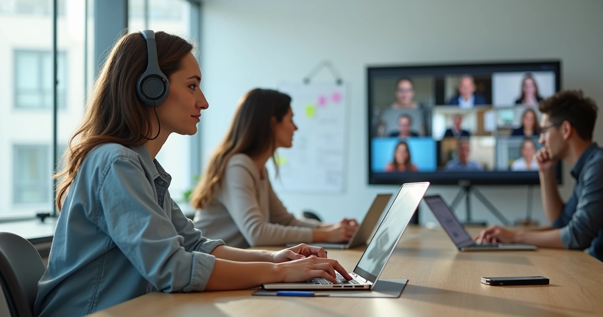 Equipe híbrida em reunião online praticando escuta ativa 