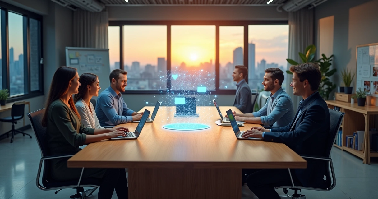 Equipe híbrida conectada por ponte de luz entre casa e escritório 