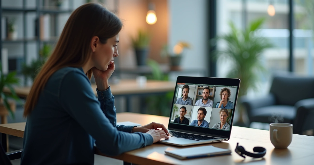 Equipe híbrida em reunião online com contraste entre conexão e insegurança emocional 