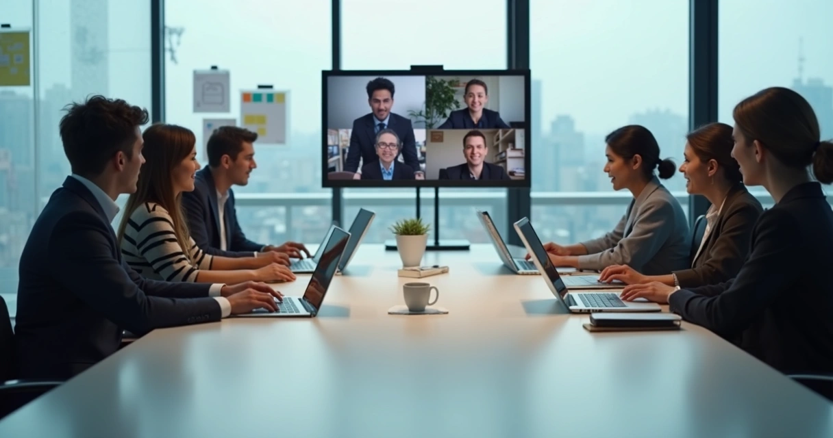 Equipe híbrida em mesas conectadas por telas com figura sutilmente apagada ao fundo 