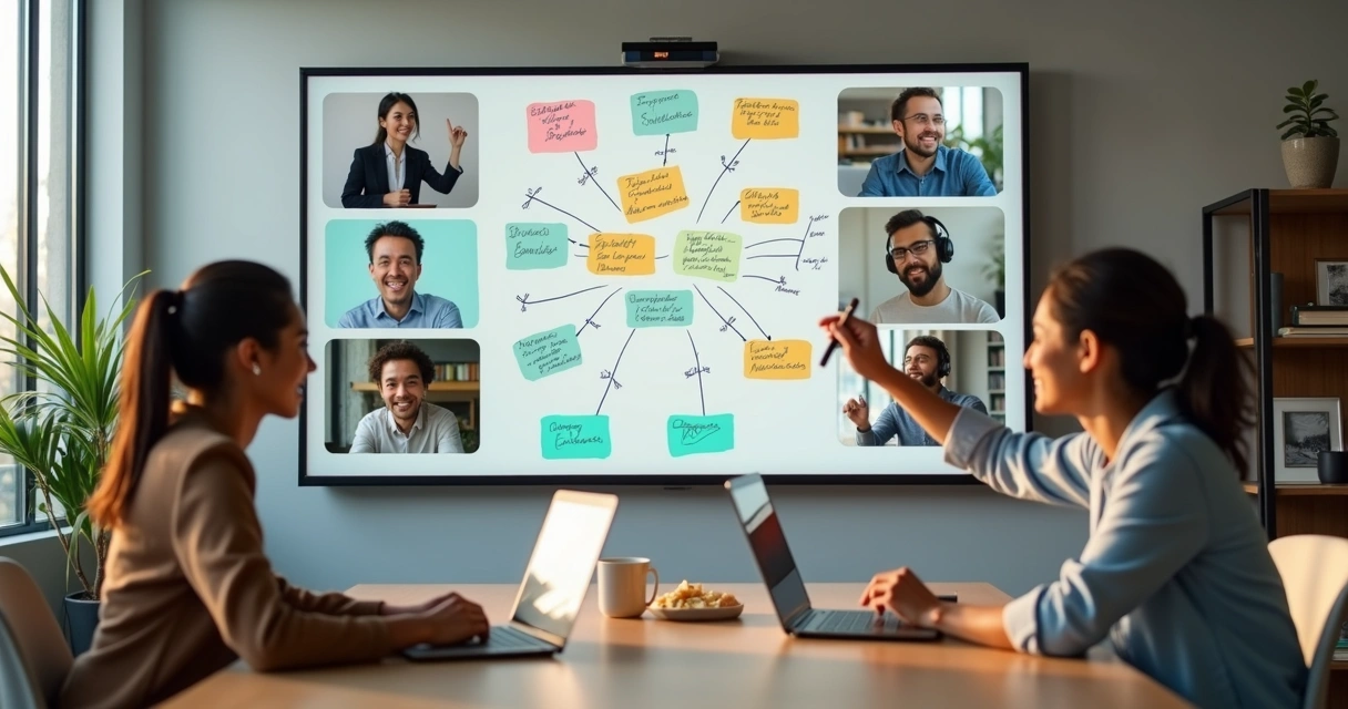 Equipe híbrida interagindo em reunião online com quadro digital colaborativo 
