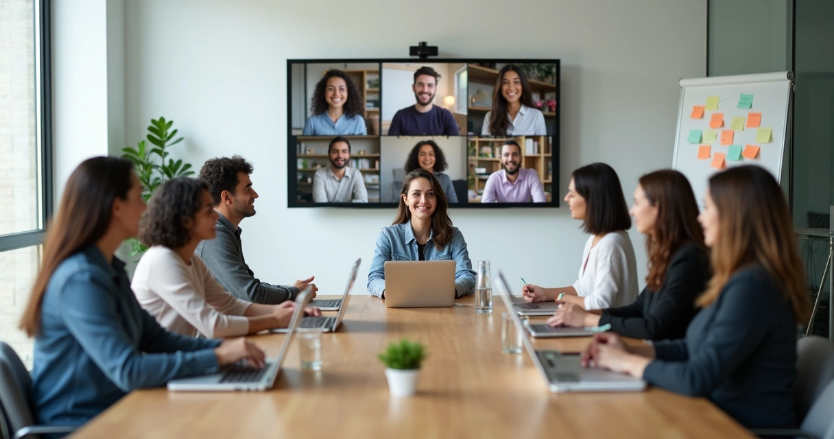 Equipe híbrida conectada em videoconferência com líder praticando presença consciente 