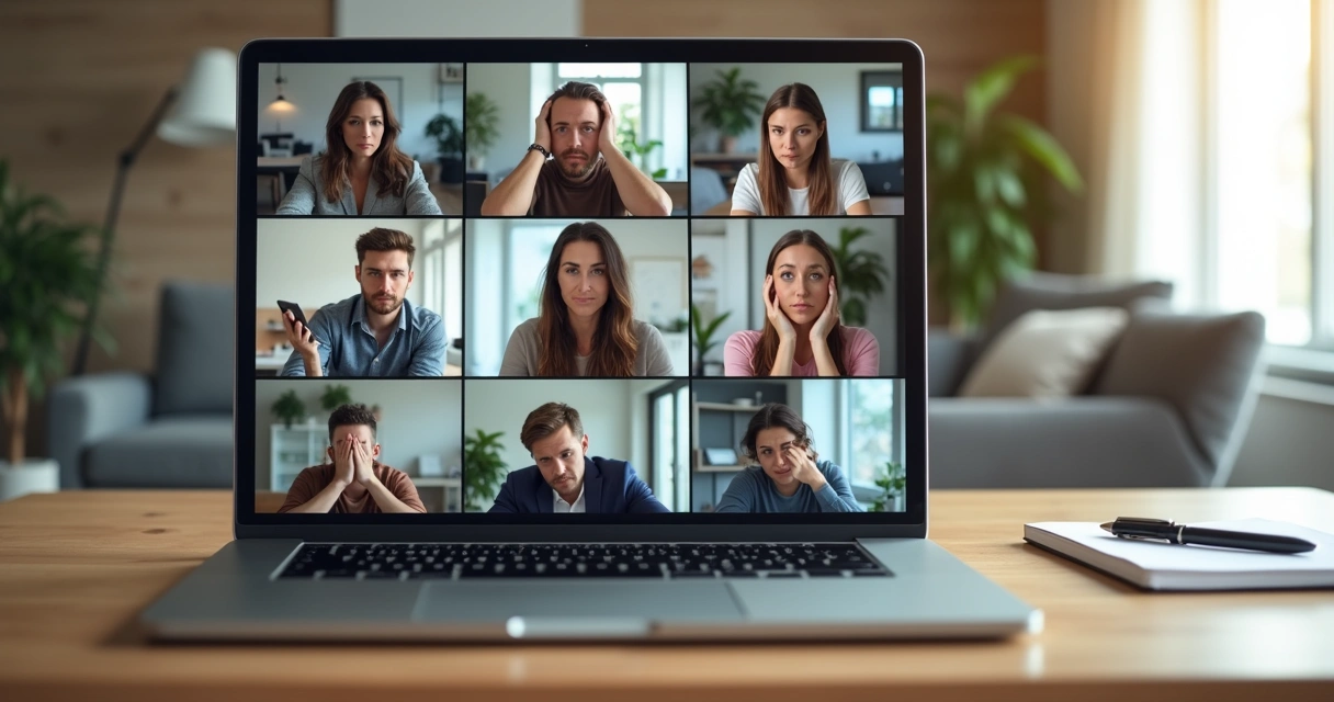 Reunião online de equipe híbrida com tensão emocional entre participantes 