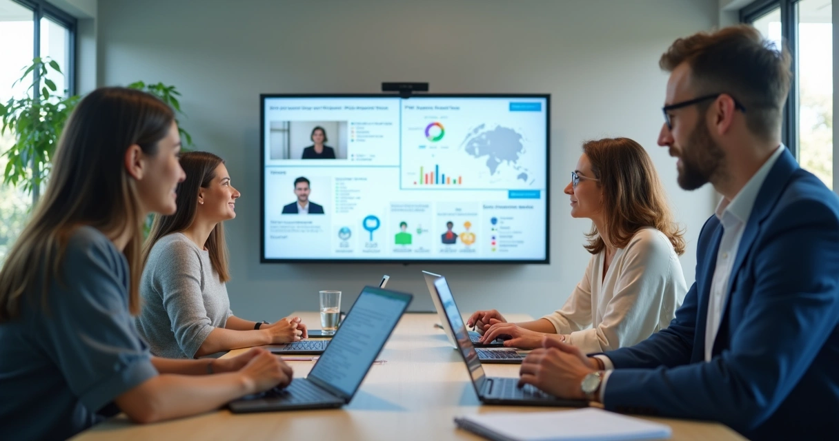 Equipe híbrida em reunião com painel de indicadores 