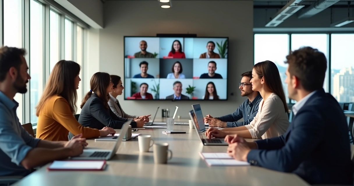 Reunião de equipe híbrida com pessoas na mesa e em videoconferência na tela 
