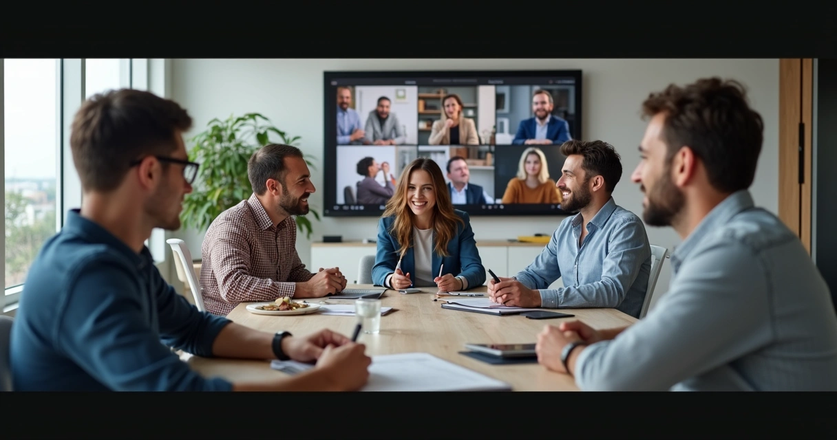 Grupo misto de profissionais em uma videoconferência discutindo em seus respectivos ambientes de trabalho 