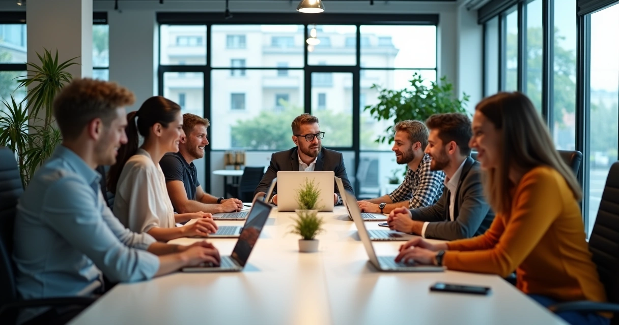 Equipe híbrida discutindo em reunião online e presencial 