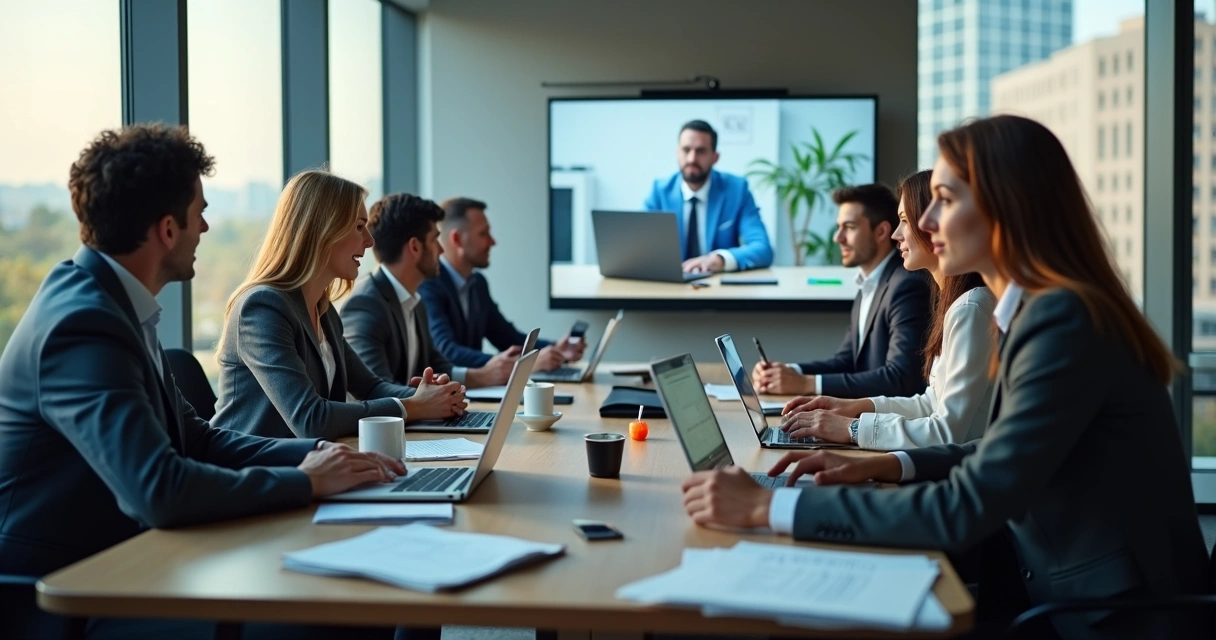 Equipe mista ao redor de uma mesa, alguns ao vivo, outros em telas exibidas em notebook 