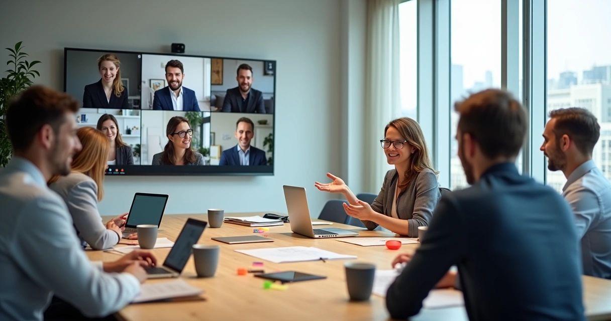 Equipe híbrida em reunião online em escritório moderno 