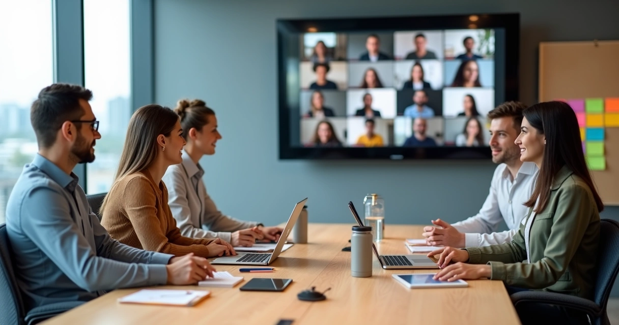 Equipe híbrida em reunião online conectando escritório e trabalho remoto 