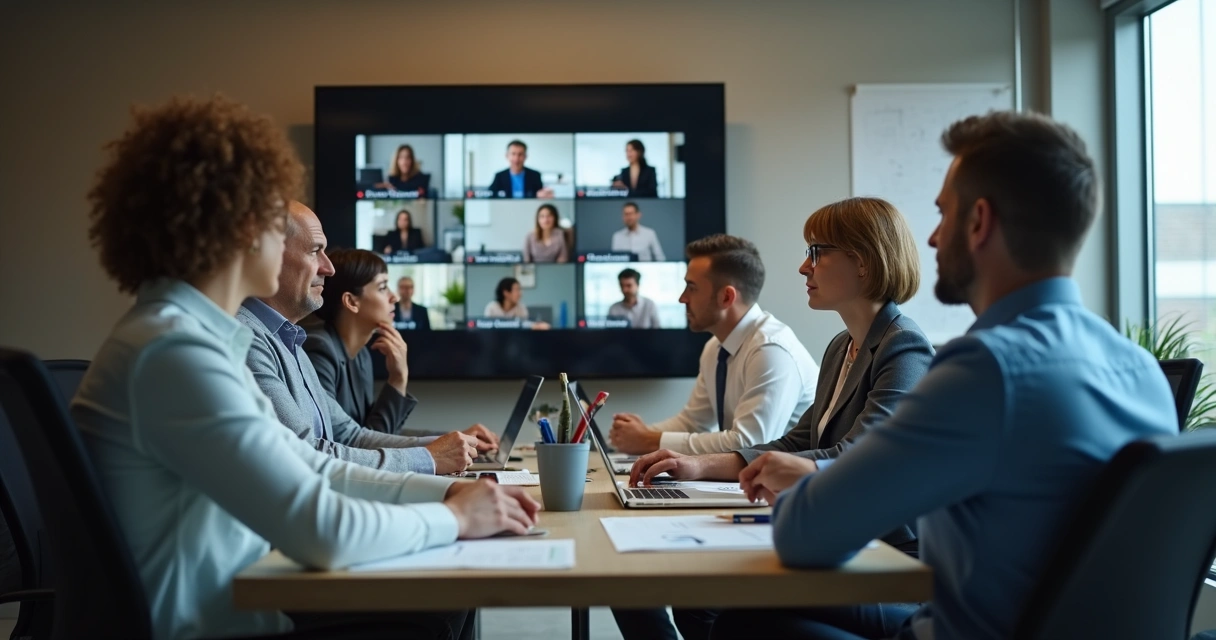 Equipe híbrida reunida em videoconferência e troca de mensagens 