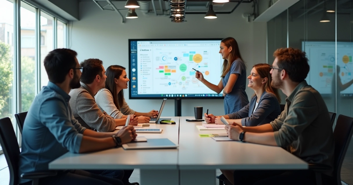 Equipe híbrida em videoconferência interagindo com quadro branco digital 