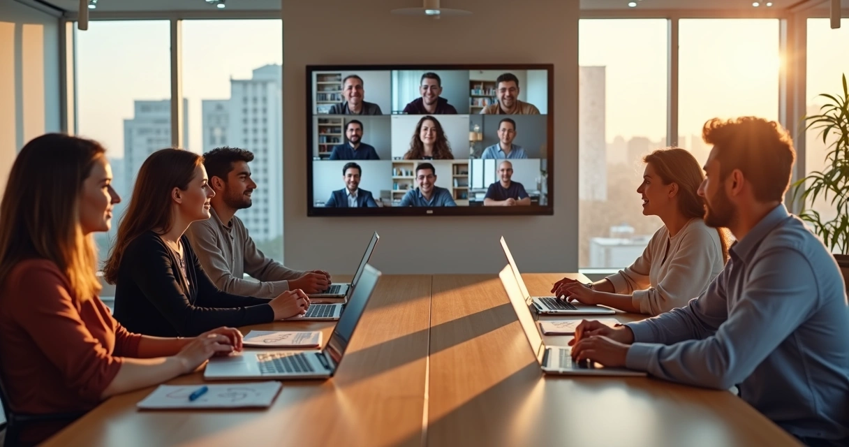 Reunião de equipe híbrida com pessoas em uma sala e colegas em telão de videochamada 