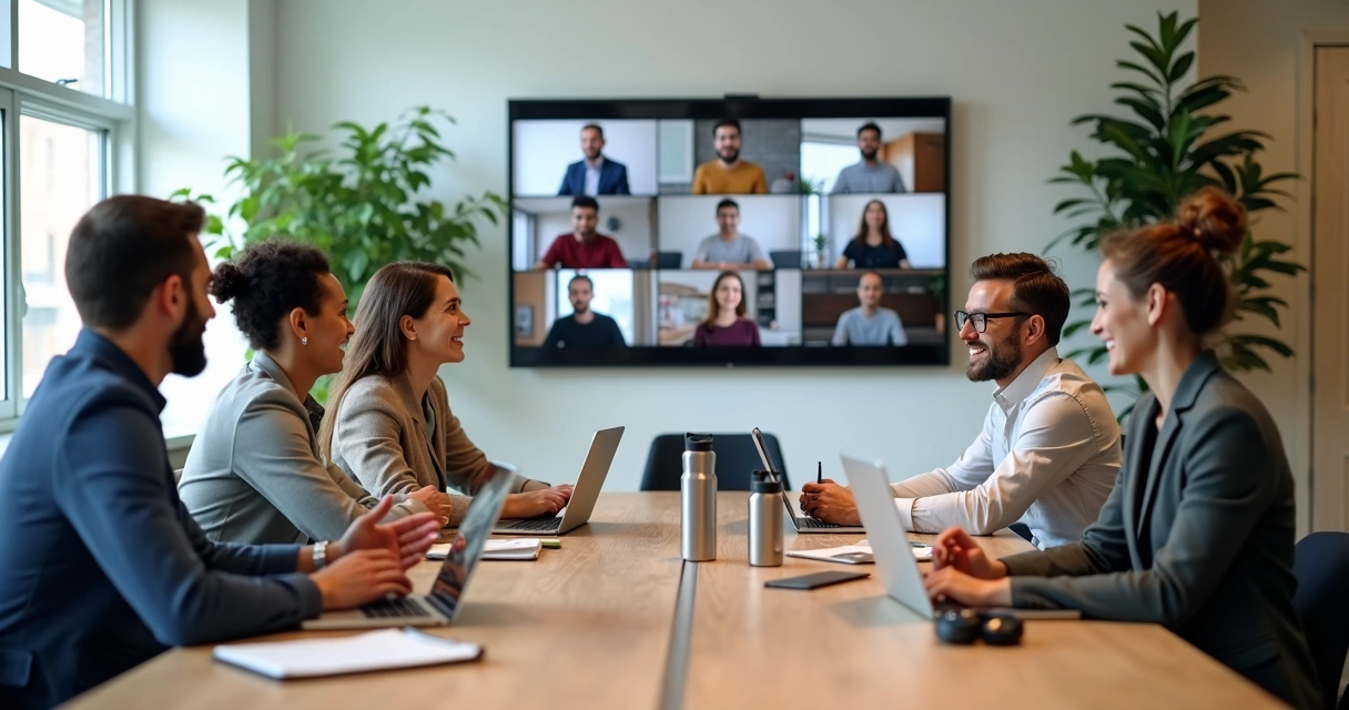 Equipe híbrida em reunião com pessoas na sala e em videoconferência 