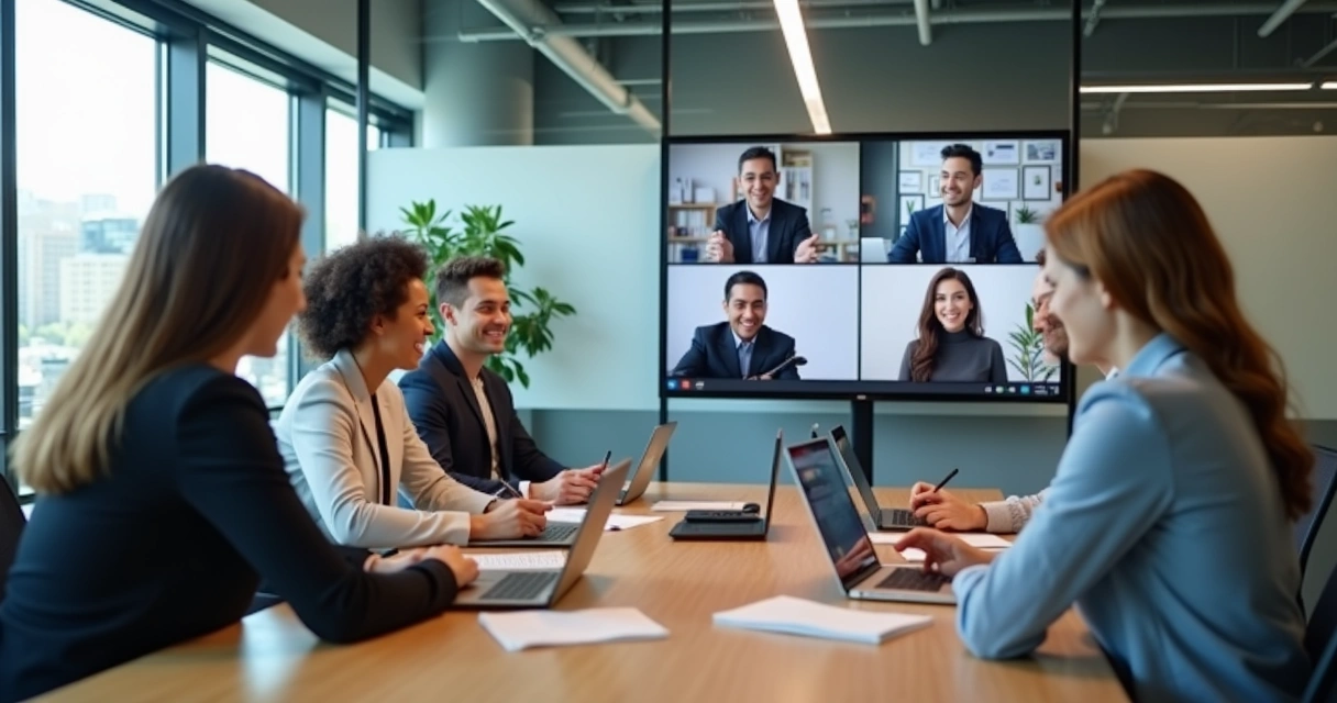 Equipe híbrida em reunião virtual e presencial 